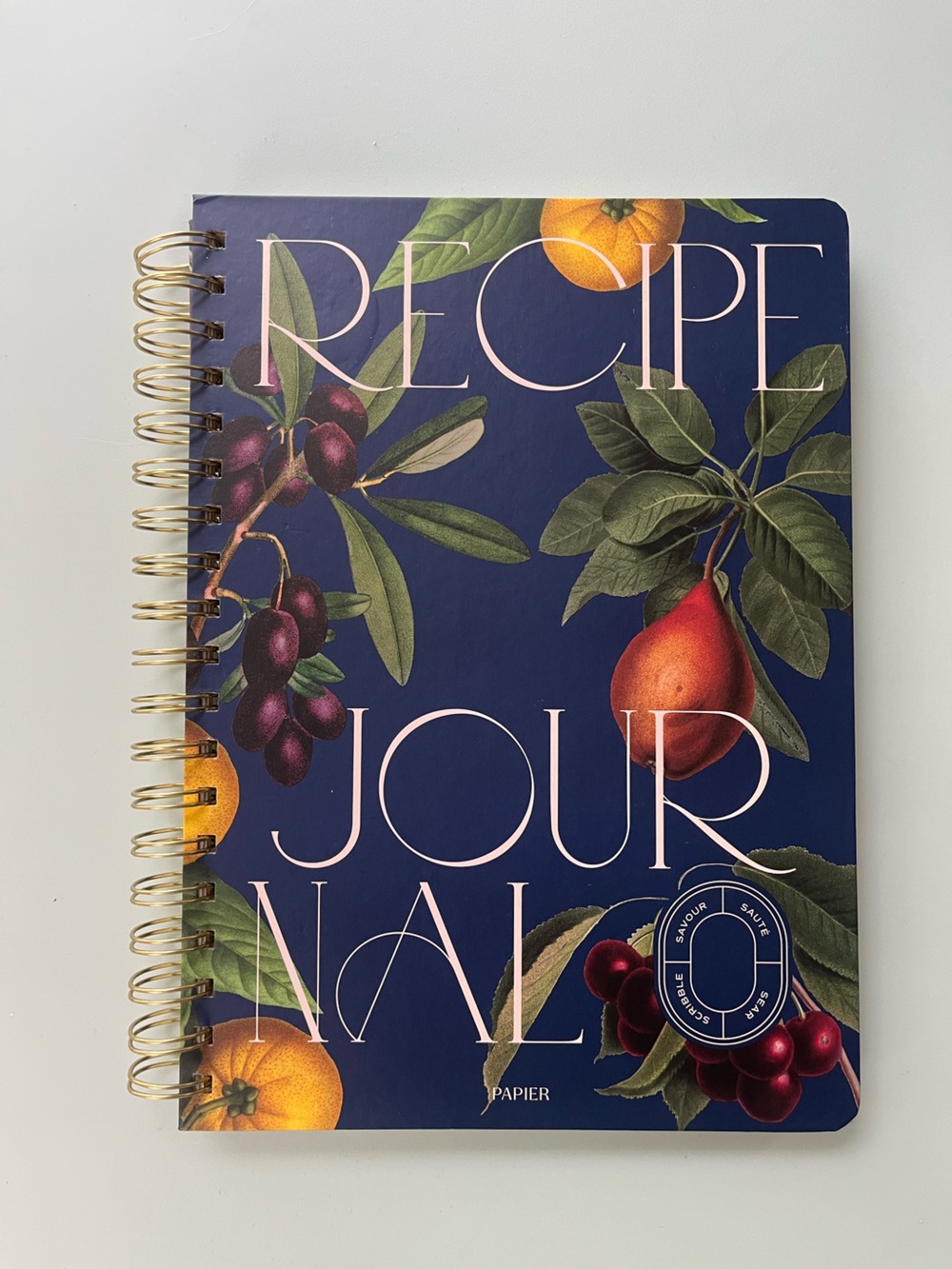 Recipe Journal Spiral Notebook - Navy with Fruit Illustration